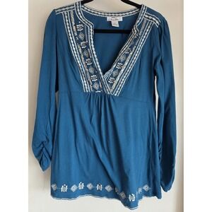 Adobe Star Women's Blouse M Blue Cotton Tunic Top Embroidery Embellished Boho